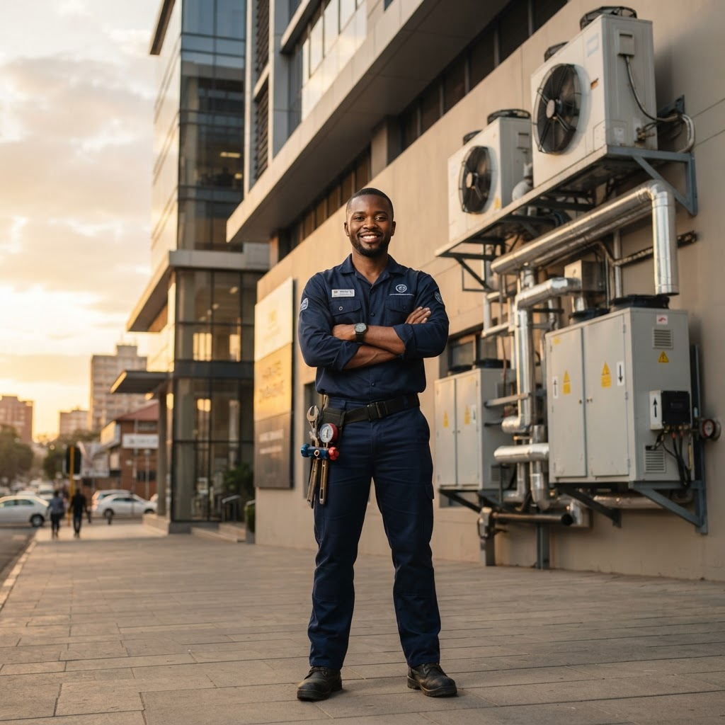 CoolTech refrigeration engineer in front of commercial HVAC units
