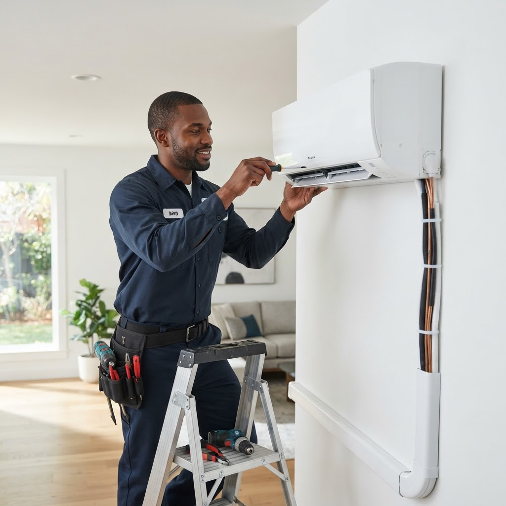 Technician installing a split air conditioning unit