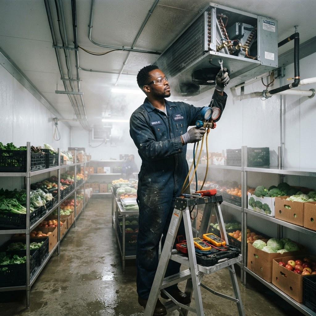 Technician servicing a commercial walk-in cold room