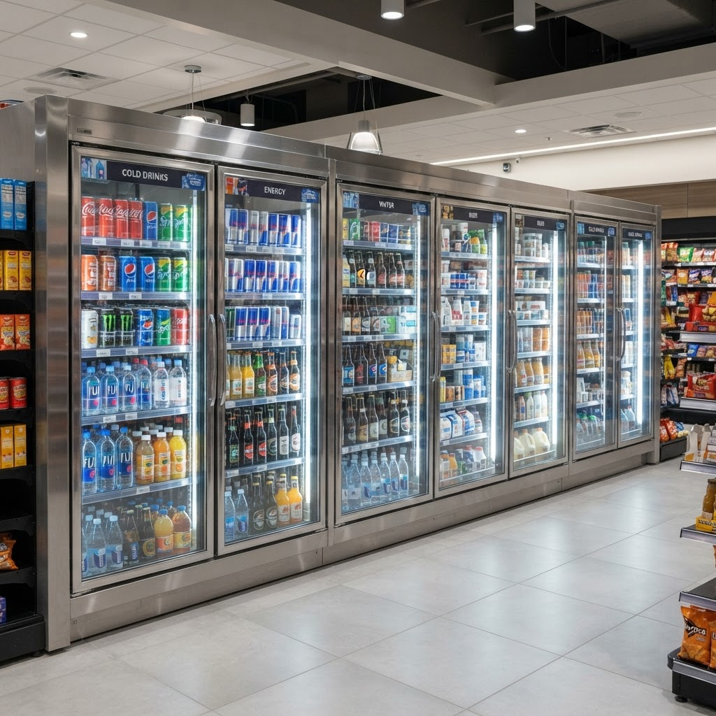 Commercial display fridges stocked in a retail store