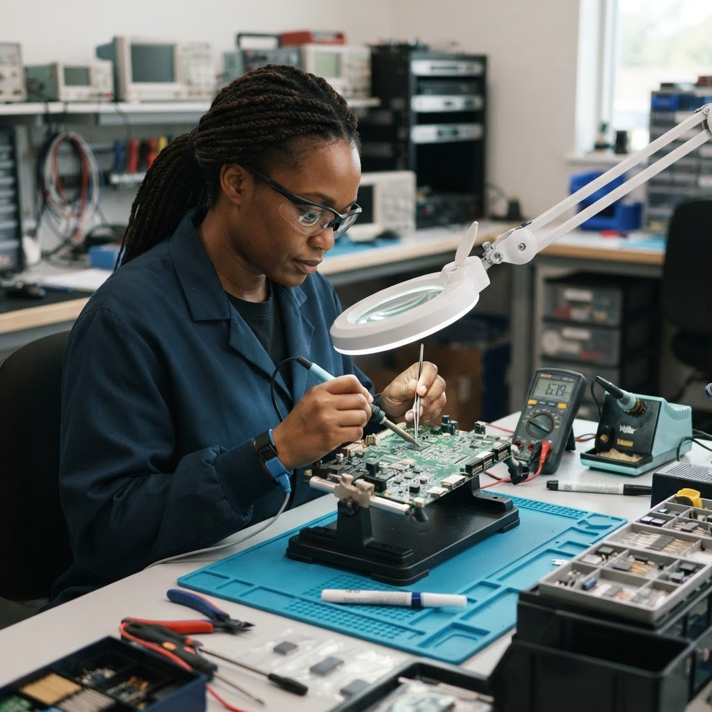 Electronics technician repairing a circuit board