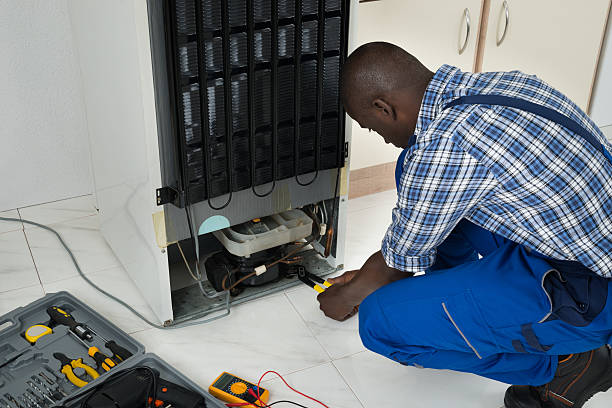 Technician repairing a domestic refrigerator